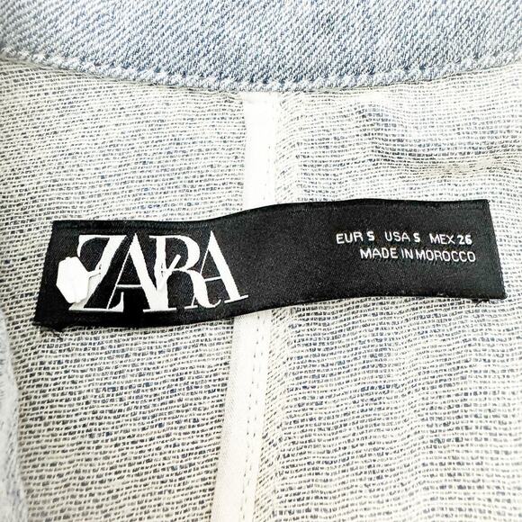 Zara Light Wash Button Down Linen-Cotton Blend Long Sleeve Dress Size Small - Picture 3 of 5